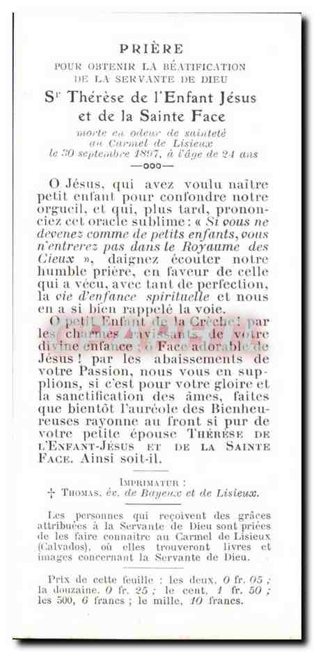 Image Priere pour ostenir la beatification de la servante de dieu — Rückseite