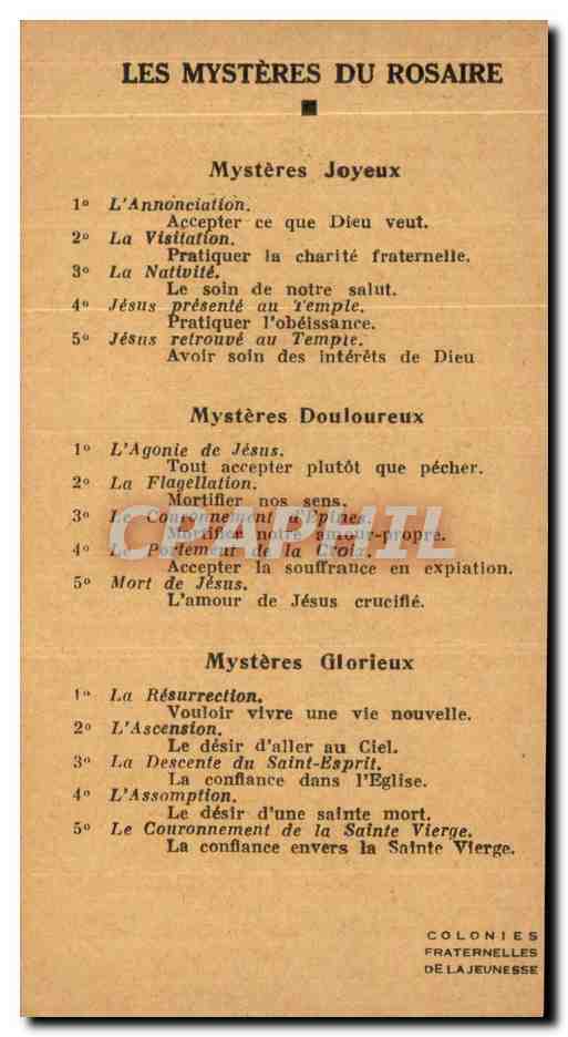 Image pieuse Les mysteres du rosaire mysteres joyeux — Rückseite