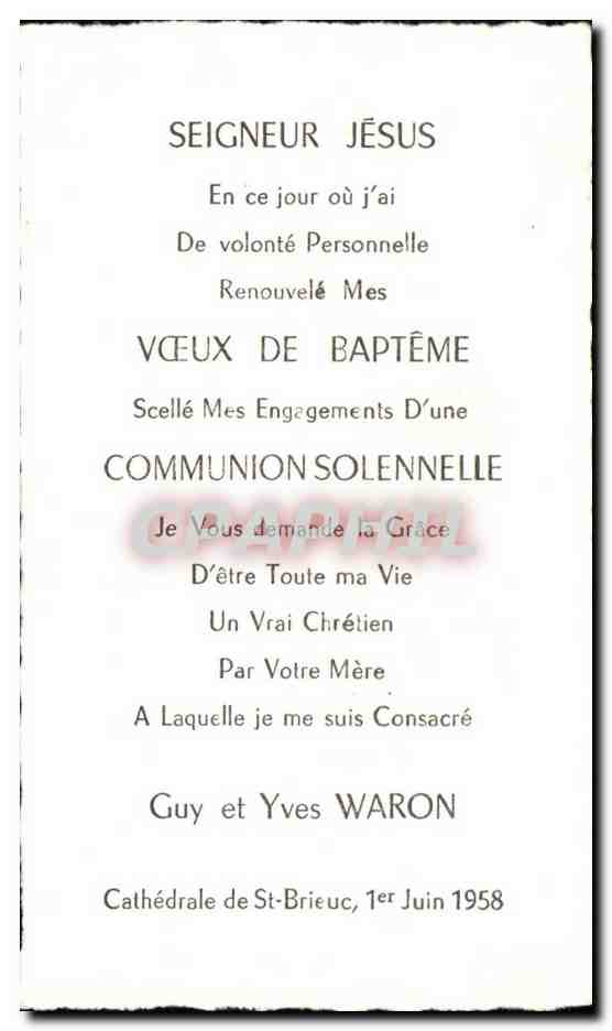 Image pieuse Seigneur jesus en ce jour ou j ai de volonte personnelle renouvele Saint Brieuc Waron 1958 — Rückseite