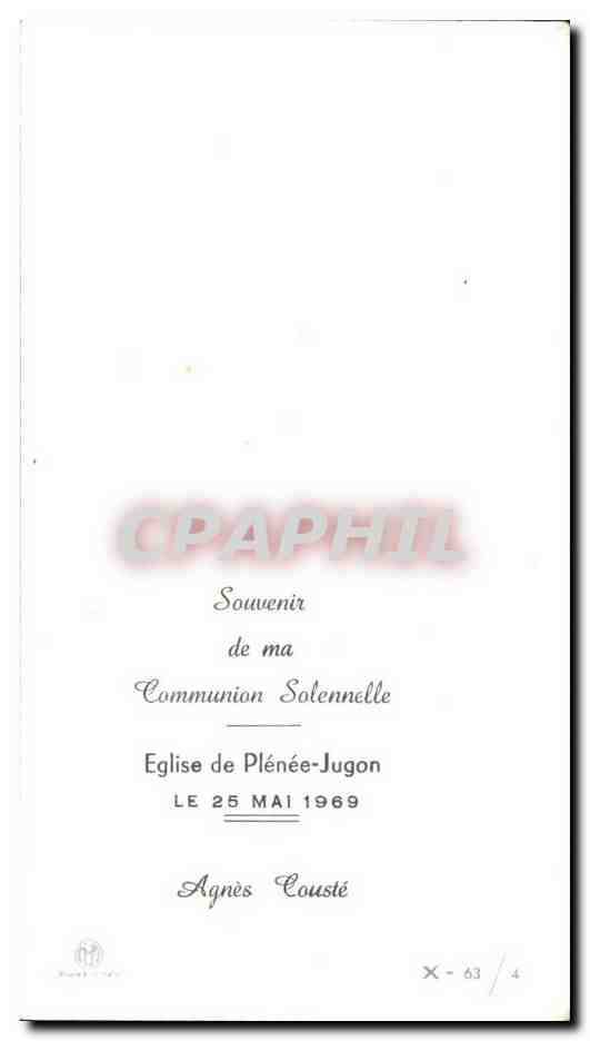 Image pieuse Communion Plenee Jugon 1969 Agnes Couste  — Rückseite