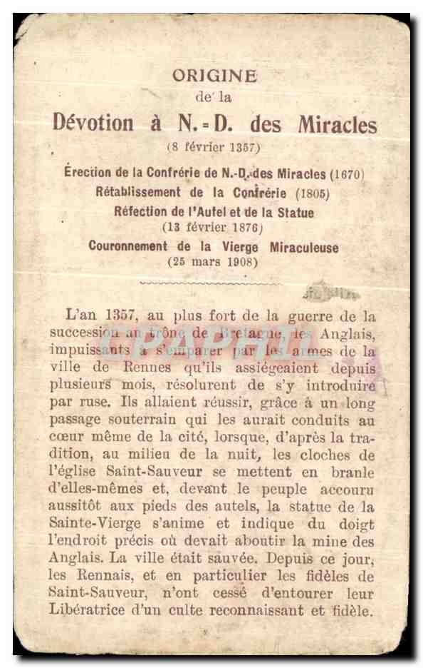 Image pieuse Notre Dame Des Miracles Et Vertus Rennes  — Rückseite