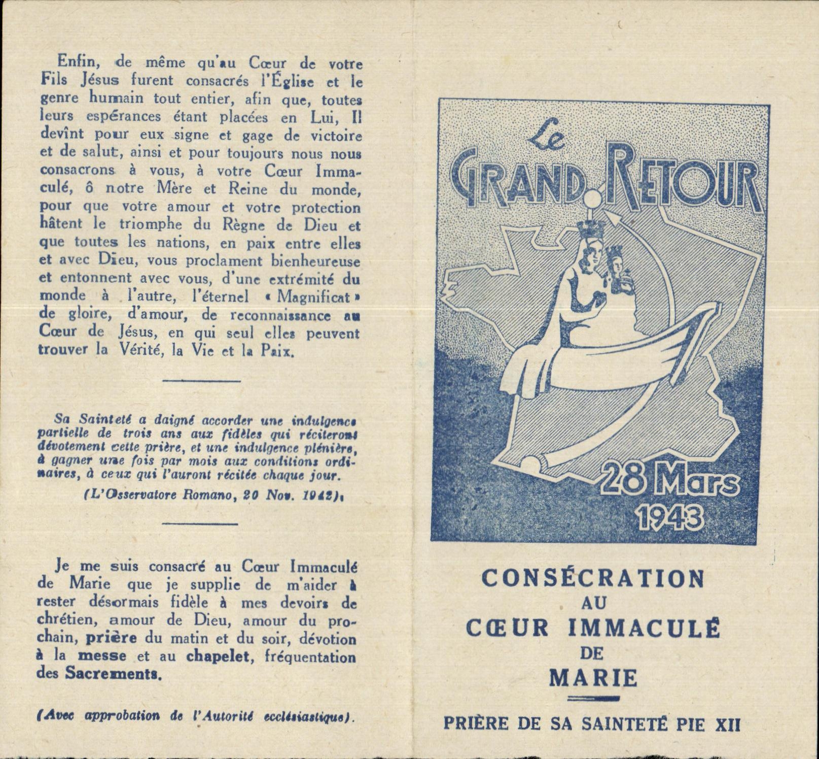 Image pieuse Le Grand Rerour 28 Mars 1943 Consecration au coeur immacule de Marie 