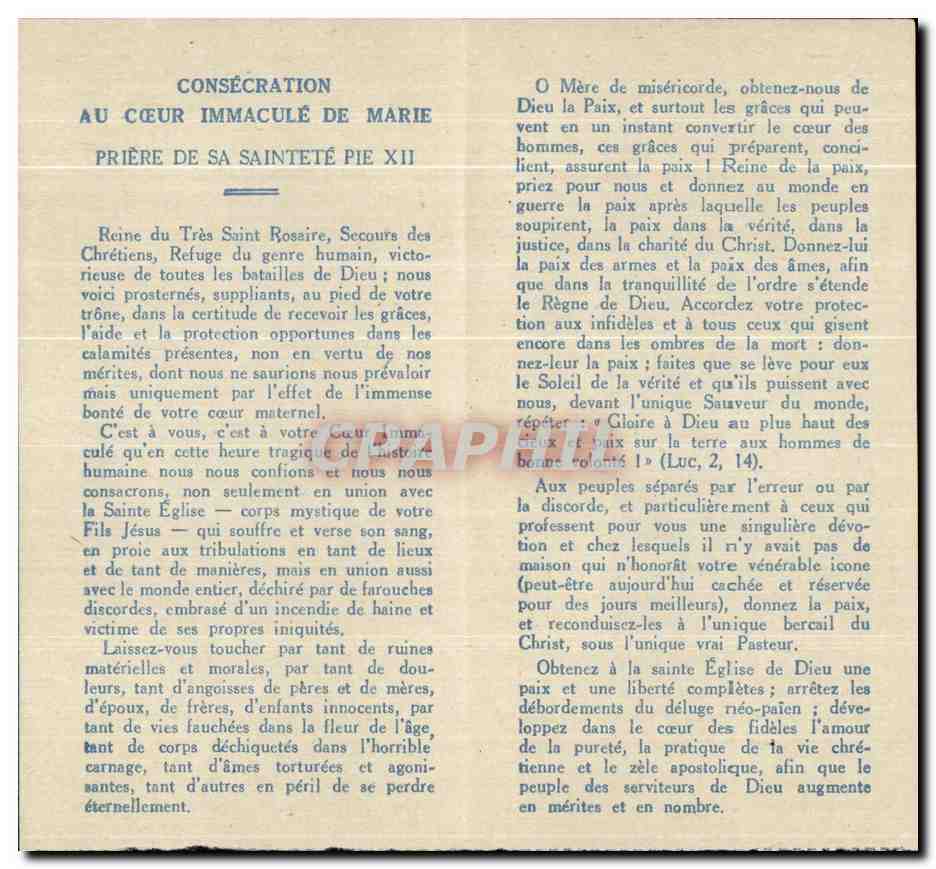 Image pieuse Le Grand Rerour 28 Mars 1943 Consecration au coeur immacule de Marie  — Rückseite