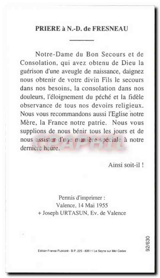 Image pieuse Notre Dame De Fresneau Marsanne — Rückseite