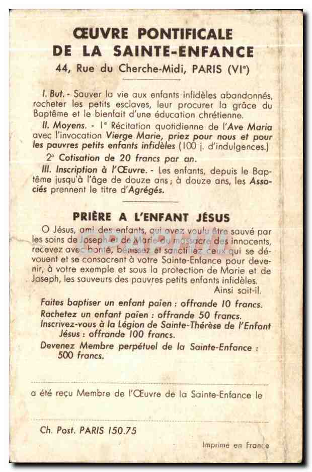 Image pieuse Oeuvre Pontificale de la Sainte Enfance — Rückseite