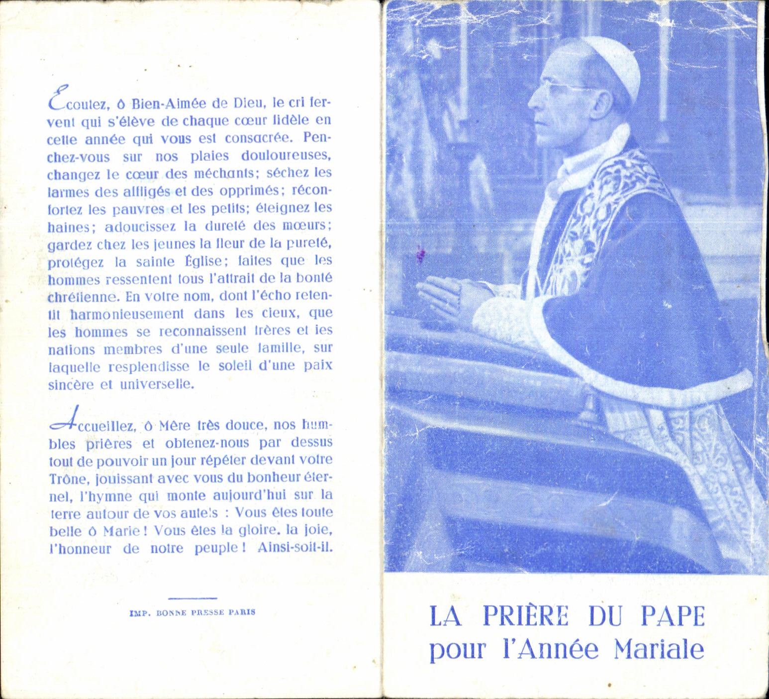 Image pieuse La Priere Du Pape Pour I'Annee Mariale