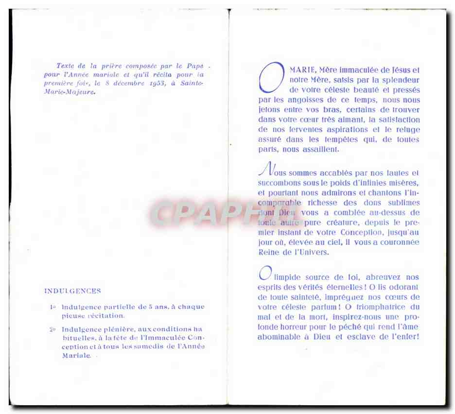 Image pieuse La Priere Du Pape Pour I'Annee Mariale — Rückseite