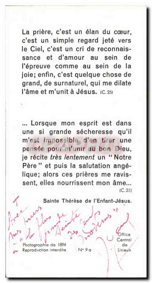 Image pieuse La priere c'est un elan du coeur Ste Therese de l'enfant Jesus — Rückseite