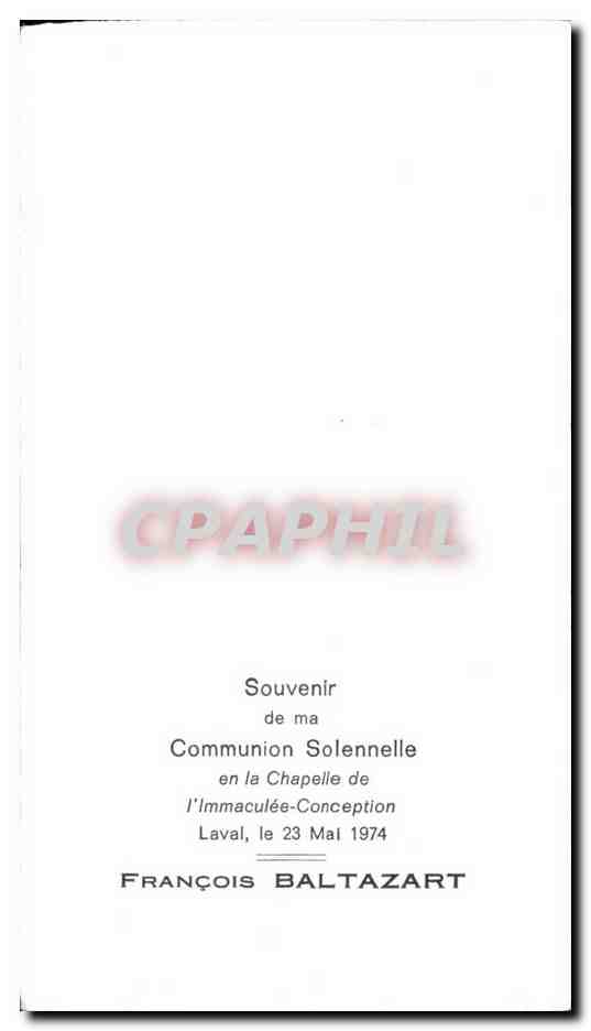 Image pieuse Communion Francois Baltazart Laval 1974 — Rückseite