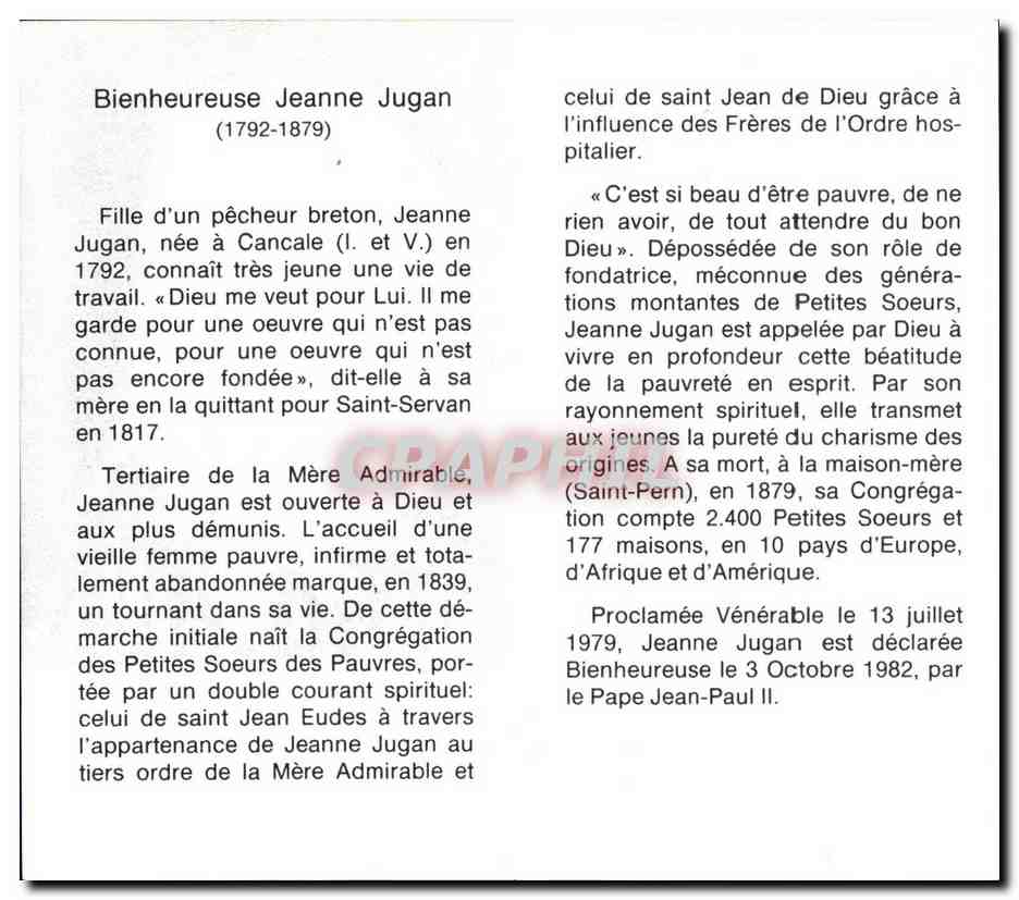 Image pieuse Bienheureuse Jeanne Jugan Petites Soeurs des pauvres — Rückseite