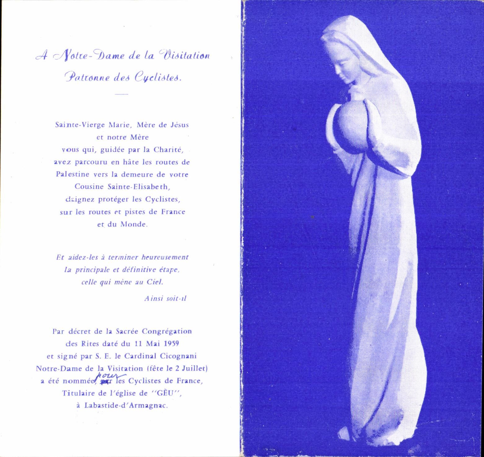 Image pieuse A note dame de la visitation patronne des cylistes Velo Cycle Bike Biking Cycling