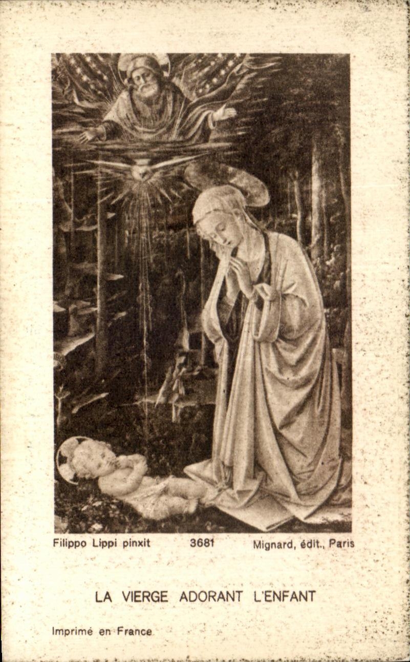 Image pieuse La vierge adorant l'enfant