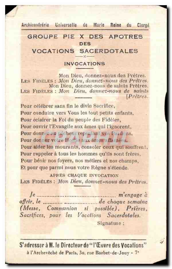 Image pieuse Reine du clerge — Rückseite