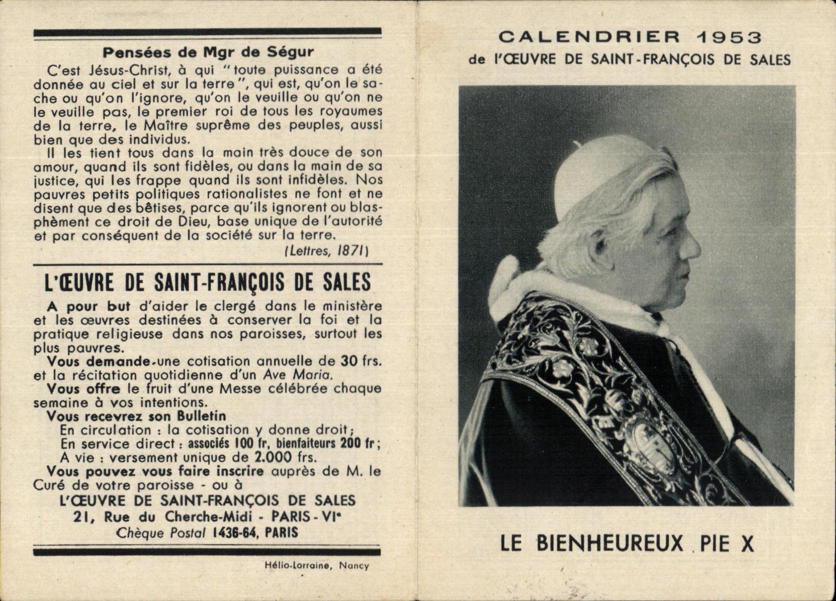 Image pieuse Calendrier 1953 Saint Francois de Sales Pie X PapePope