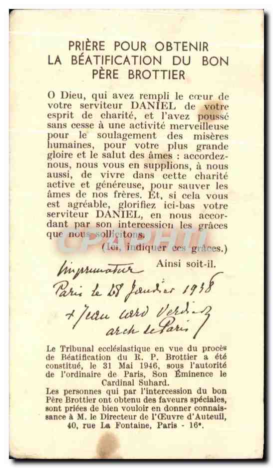 Image pieuse Le pere daniel brottier assistant general des peres du sint esprit directeur de  — Rückseite
