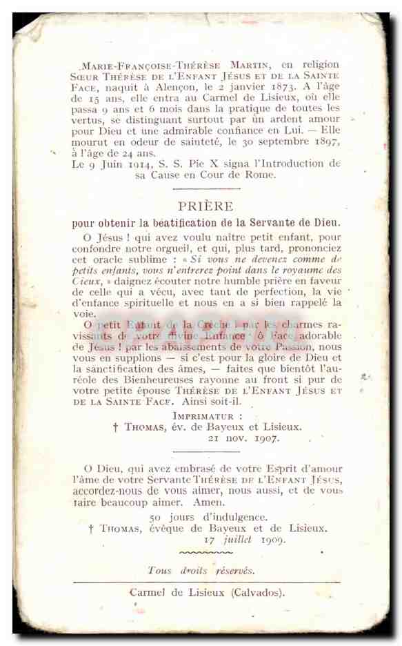 Image pieuse Ma paix et ma joie petit oiseau dis ou vas tu est des ames sur la terre qui cherchent en vain le  — Rückseite