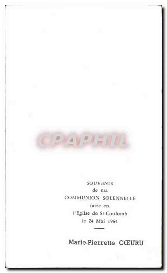 Image pieuse Communion Marie-Pierrette Coeuru Eglise de St Colomb 1964 — Rückseite