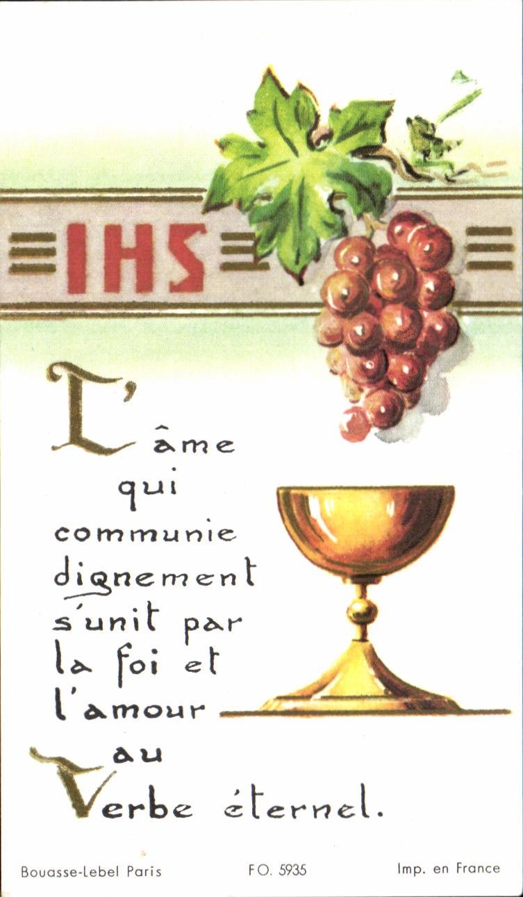 Image pieuse Calice Vin Raisin Therese Coeuru Eglise de Parame 1962