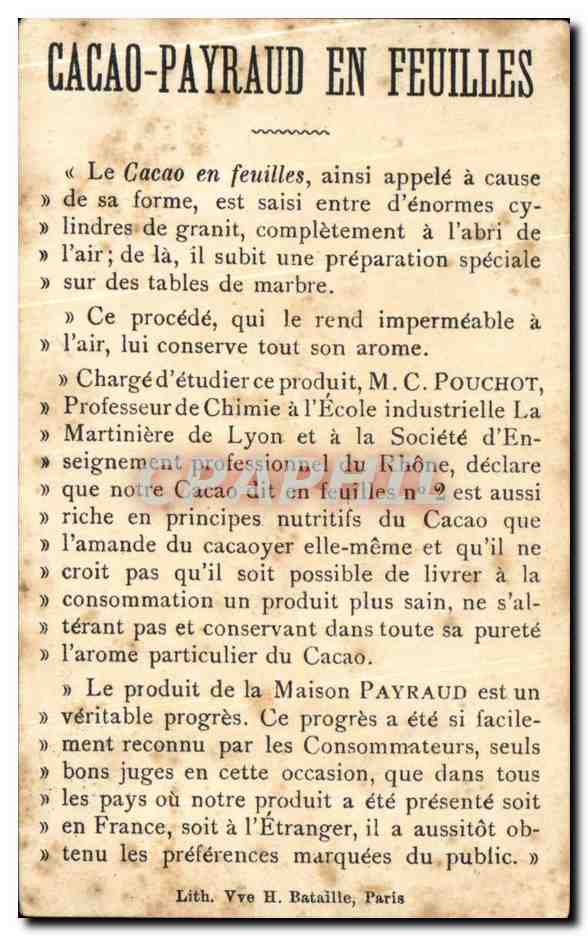 Chromo Chocolat Payraud Cacao payraud en feuilles — Verso