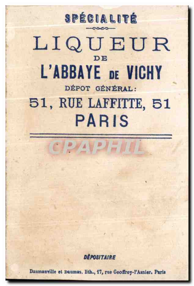 Chromo Liqueur Abbaye de Vichy Rue Laffite Paris  — Back