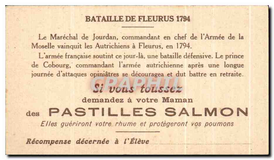 Chromo Bataille De Fleurus 1794 Pastilles Salmon Miliaria — Verso