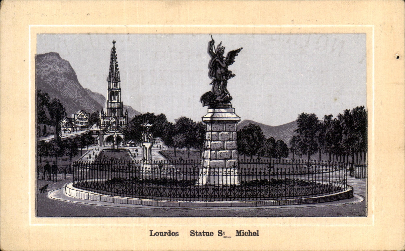 Chromo Lourdes Statue St Michel Maison Laurin Rue du Vieux Colombier Paris 