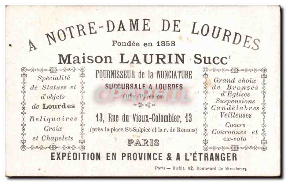 Chromo Lourdes Statue St Michel Maison Laurin Rue du Vieux Colombier Paris  — Verso