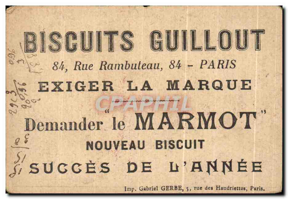 Chromo La corbata bien arreglada Biscuits Guillout Rue Rambuteau Paris Marmot  — Back