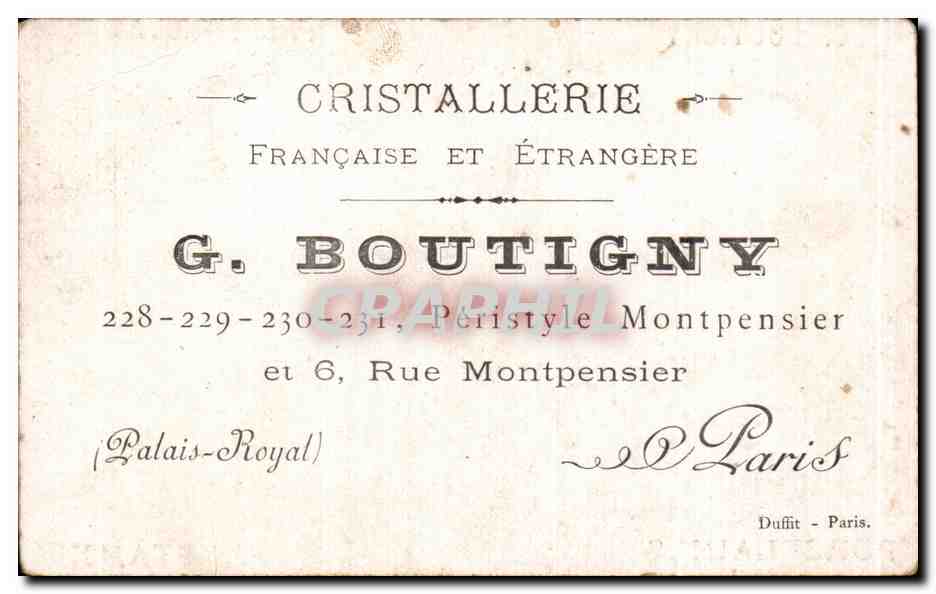 Carte de visite Orleans Anciln hotel de ville Palais Royal Boutigny Cristallerie Peristyle Montpensier Paris  — Rückseite