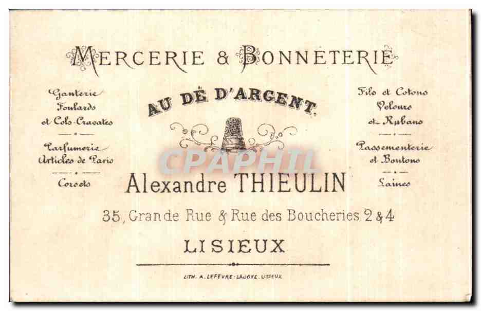 Chromo Mercerie bonneterie Au de d'argent Alexandre Thieulin Grande Rue Rue des Boucheries Lisieux Chien Enfants — Verso