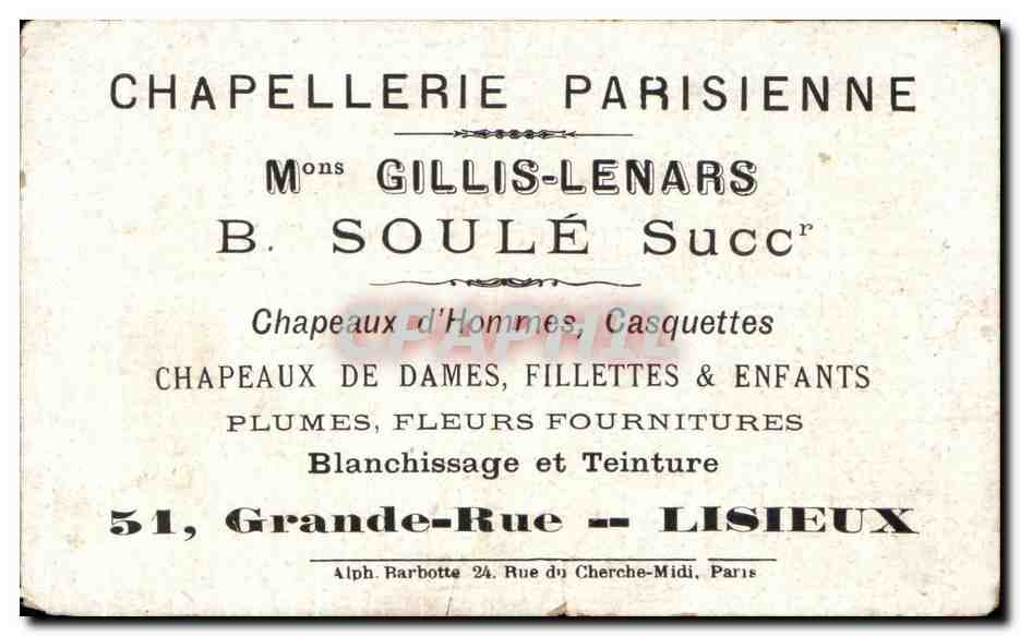 Chromo Mandoline Chapellerie parisienne Gillis Lenars Soule Grande Rue Lisieux Coeur — Verso