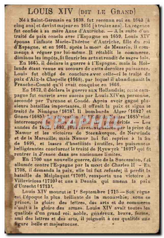 Chromo Chocolat sans rival Louis XIV — Verso