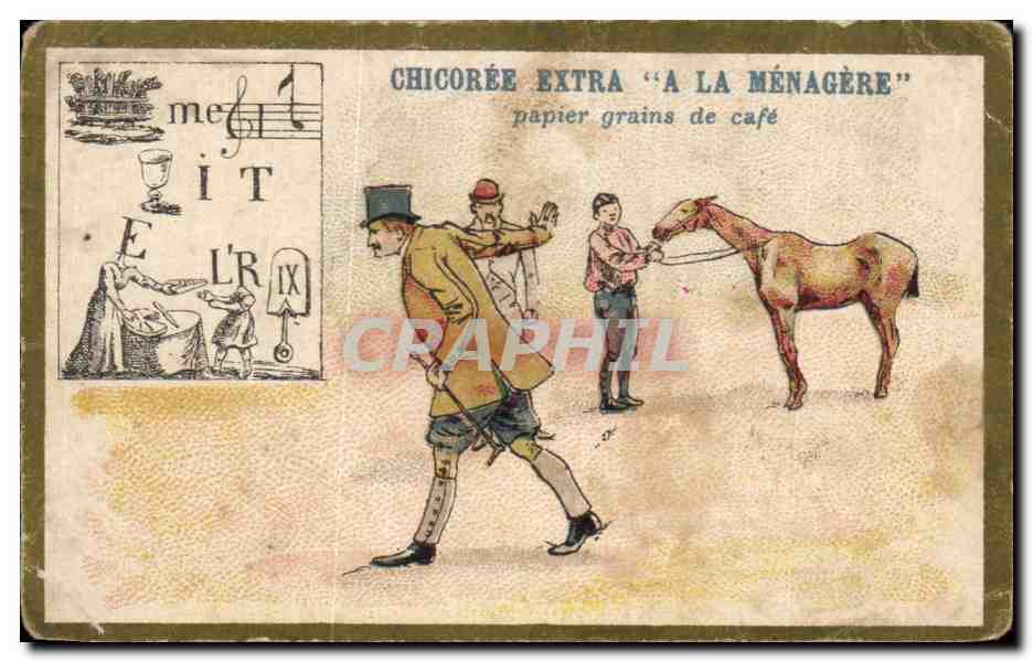 Chromo Chicoree extra a la menagere papier grains de cafe Duroyon et Ramette Cambrai Cheval Horse