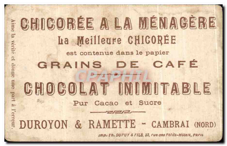 Chromo Chicoree extra a la menagere papier grains de cafe Duroyon et Ramette Cambrai Cheval Horse — Verso