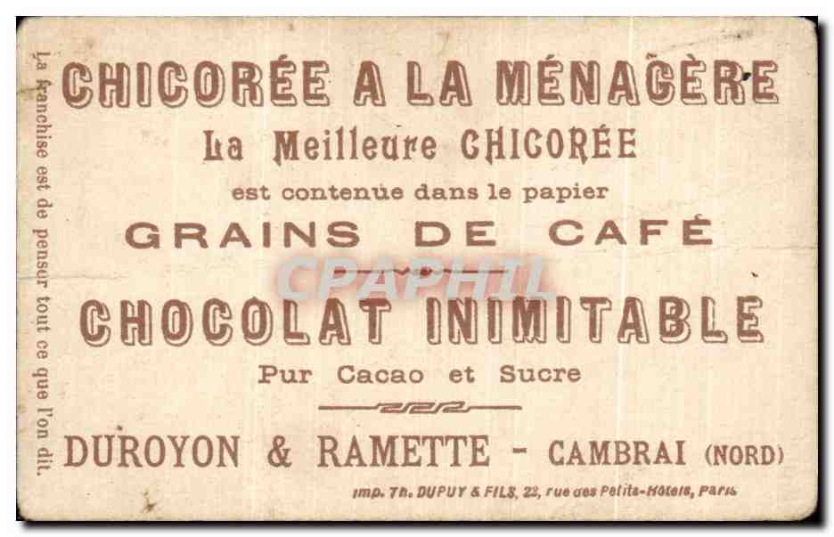 Chromo Chicoree extra a la menagere papier grains de cafe Duroyon et Ramette Cambrai — Verso