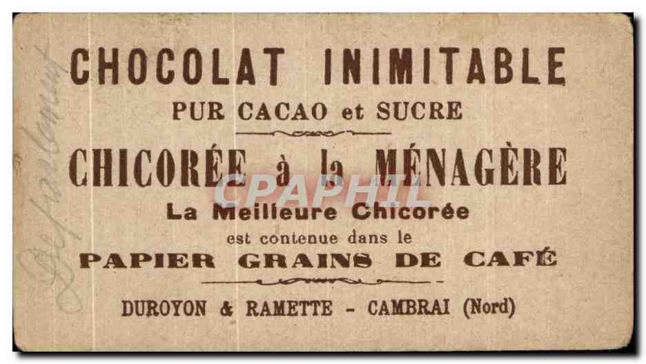Chromo Chicoree a la menagere papier grains de cafe Duroyon et Ramette Cambrai Pelletan Ministre  — Back