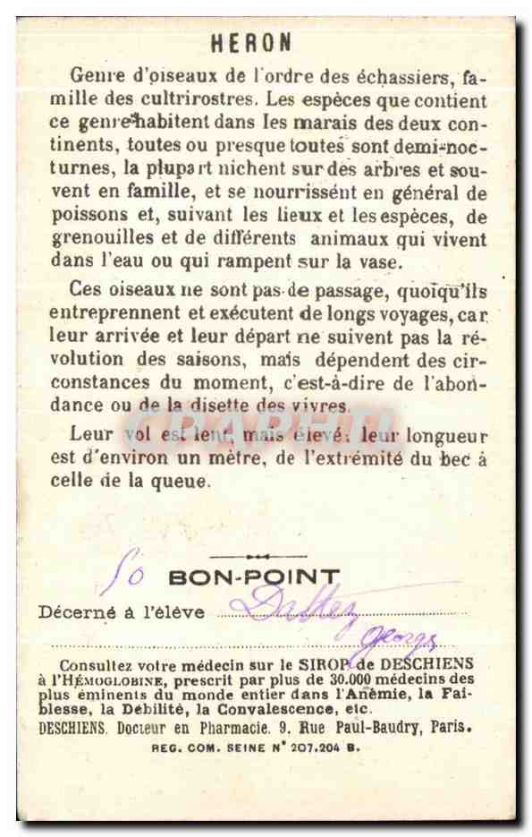 Chromo Heron Bon point Oiseau — Verso