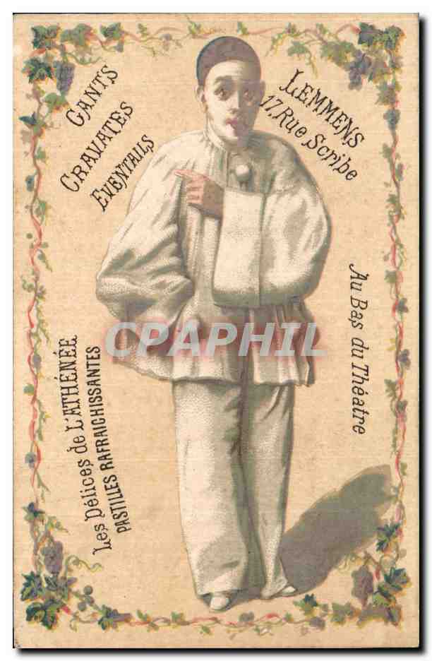 Chromo Gants gravates eventails les delices de l'athenee pastilles rafraichissantes lemmens au bas du theatre Pierrot 