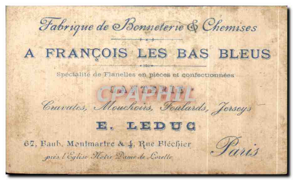 Chromo A Francois Les Bas Bleus Bonneterie & Chemises Leduc Paris  — Verso