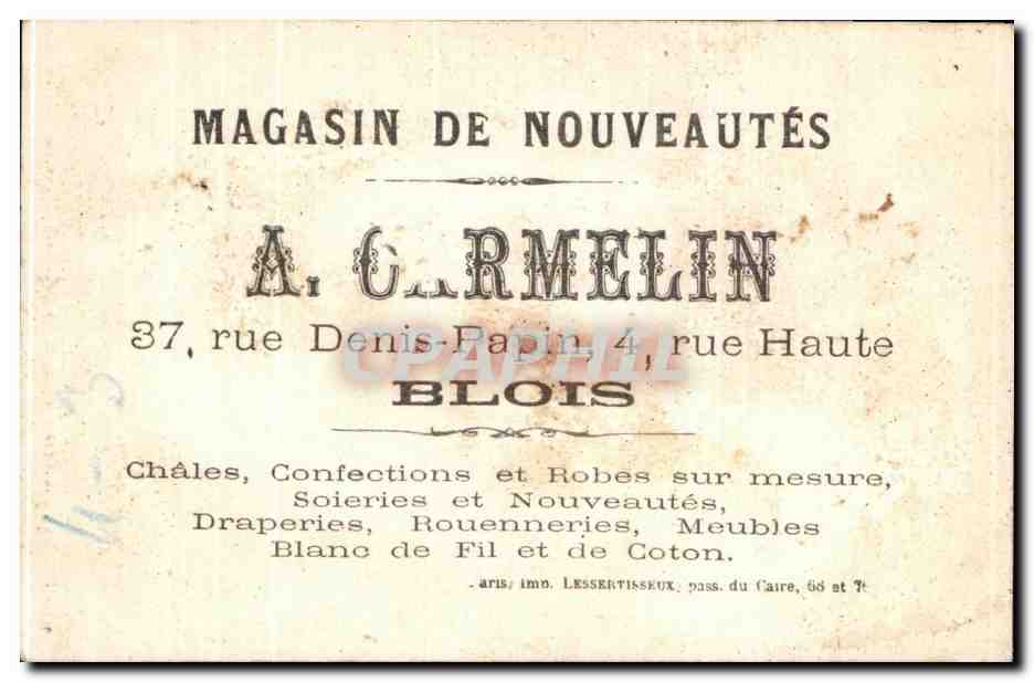 Chromo Magasin De Nouveautes A Carmelin Blois Rue Denis Papin  — Verso