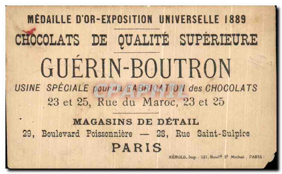 Chromo Chocolat Guerin Boutron Mettre de l'eau dans son vin  — Verso