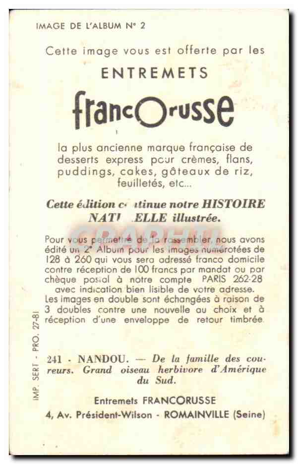 Image Entremets francorusse Autruche Nandou  — Verso