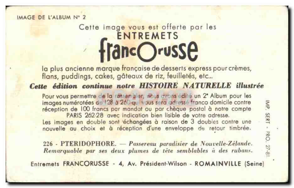 Image Entremets francorusse Pteridophore Oiseau — Back