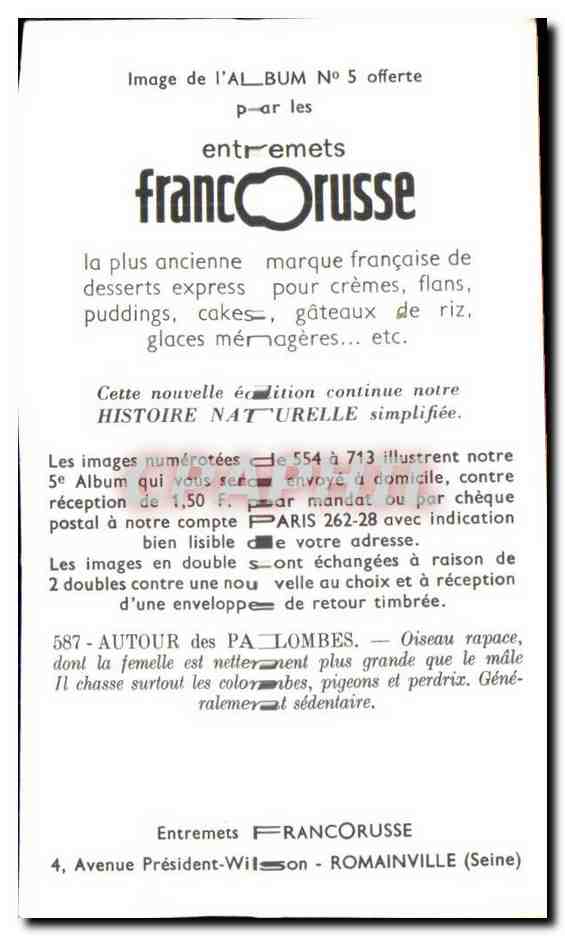 Image Entremets Francorusse Rapace Aigle Faucoun — Verso