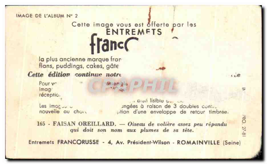 Image Entremets Francorusse Faisan Oreillard — Verso