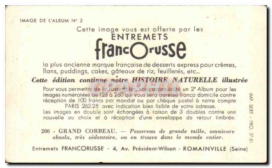 Image Entremets Francorusse Grand Corbeau Passereau  — Verso