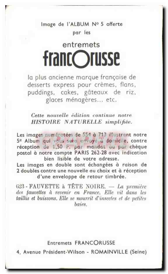 Image Entremets Francorusse Fauvette a Tete Noire — Verso