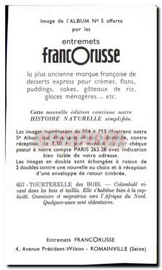 Image Entremets Francorusse Tourterelle des Bois  — Verso