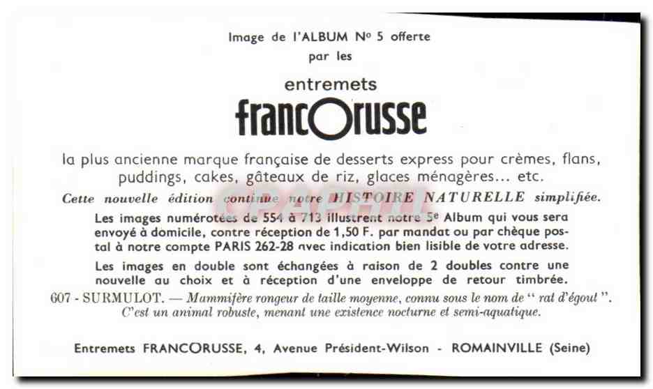 Image Entremets Francorusse Surmulot  — Verso