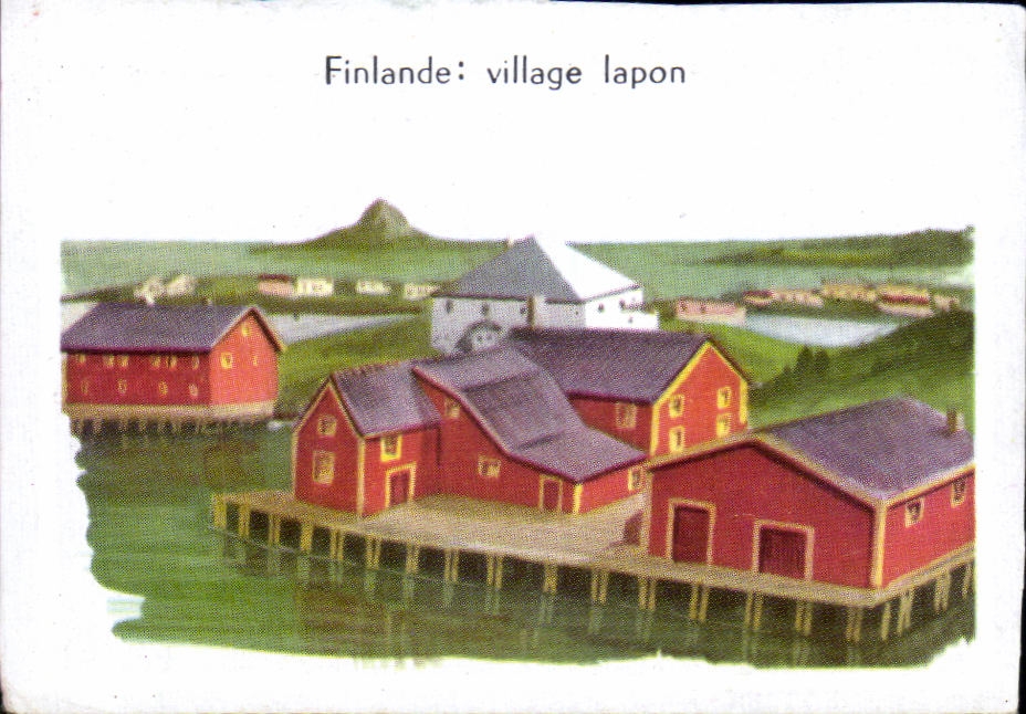Finlande: village lapon — maisons sur pilotis au bord d'un lac